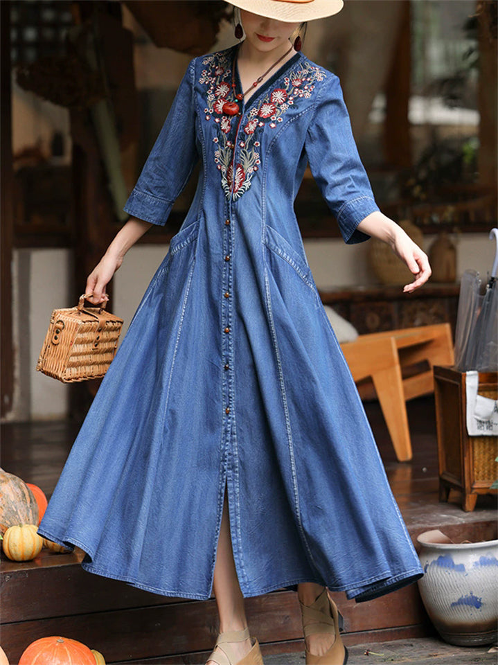 Women's V-neck Ethnic Floral Embroidery Button Pockets Denim Dress