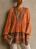 Womens Boho Floral V Neck Smocked Cuff Long Sleeve Blouse