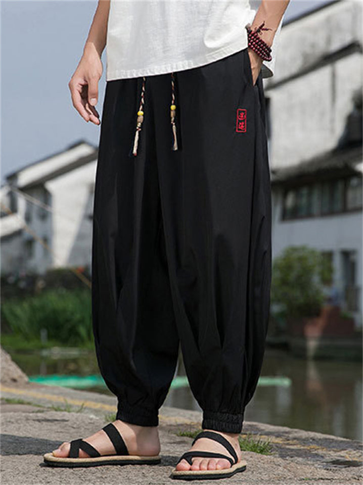 Men's Black Hanzi Embroidered Ice Silk Bloomers Summer Pants