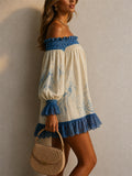 Women Boho Blue Print Lace Trim Off Shoulder Mini Dress