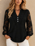 Women Lace Crochet V Neck Long Sleeve Button Down Blouse