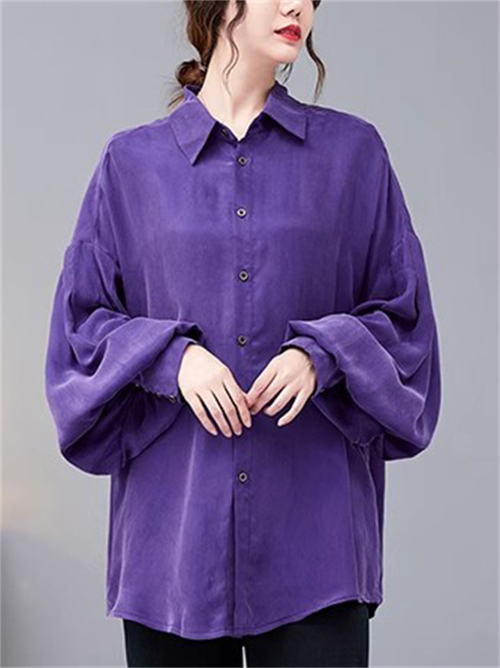Women's Autumn Purple Elegant Loose Lapel Lantern Sleeve Shirts