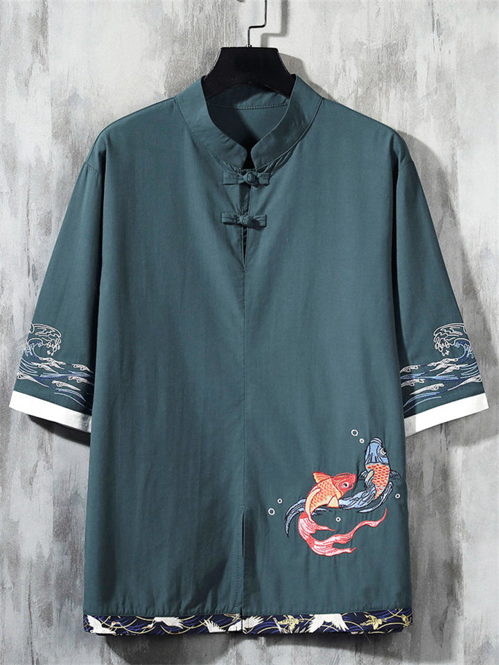 Men's Summer Retro Fish Embroidery Frog Button Half Sleeve Shirt
