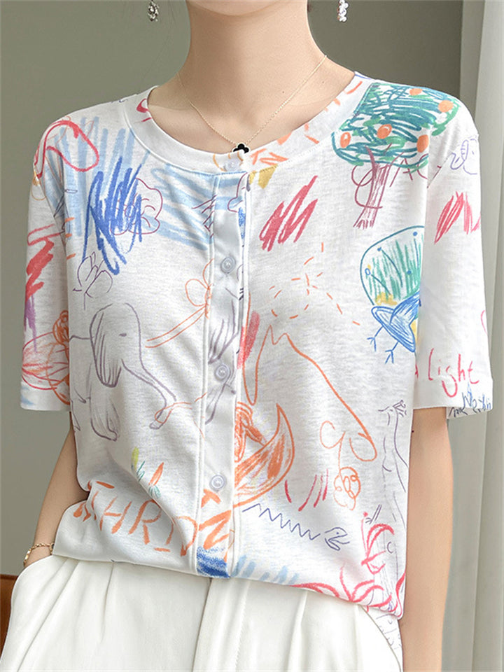 Summer Casual Print Round Neck Button Up T-Shirts for Women