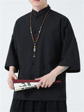 Men's Summer Retro Solid Color Stripe Loose Short Sleeve Shirts