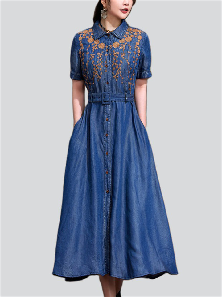 Women's Orange Leaf Embroidery Lapel Button Blue Denim Dress
