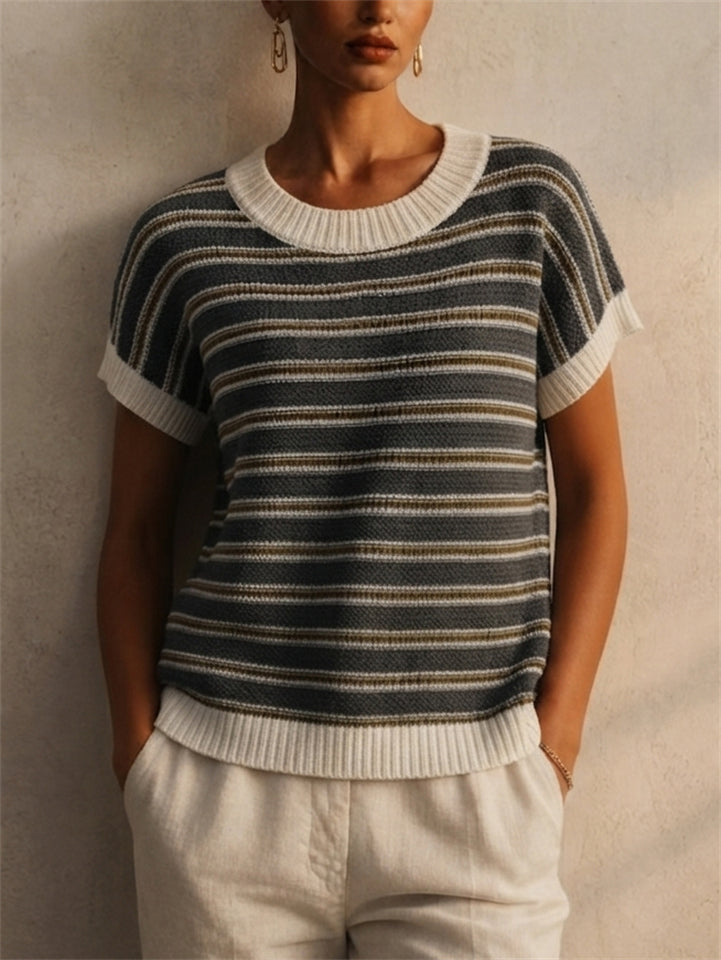 Womens Striped Short Sleeve Knit Top Casual Crewneck Tee