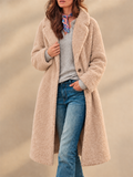 Women Long Teddy Fleece Coat Button Front Lapel Winter Overcoat