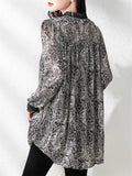 Retro Loose Long Sleeve Black Floral Print Shirt for Women