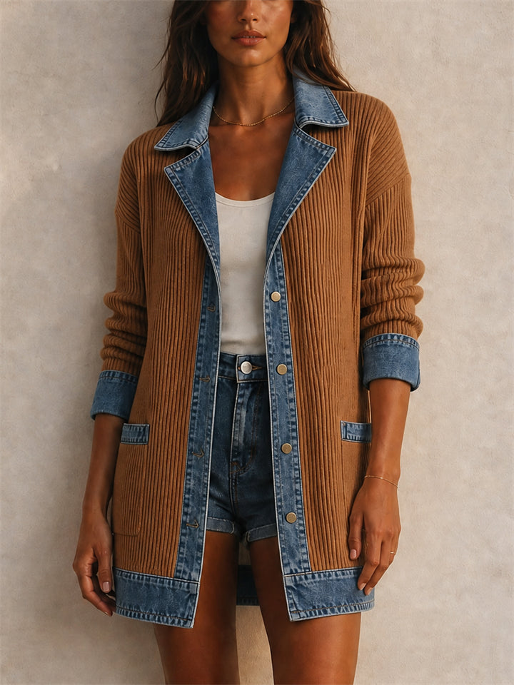 Womens Denim Patchwork Ribbed Knit Long Sleeve Casual Jacket