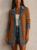 Womens Denim Patchwork Ribbed Knit Long Sleeve Casual Jacket