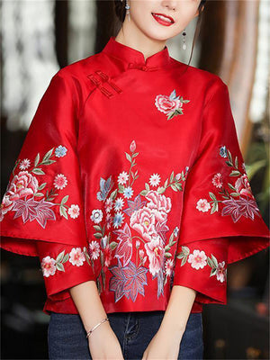 Women's Flower Embroidery Cheongsam Shirt