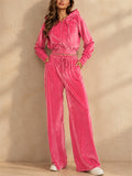 Women Velvet 2 Piece Zip Up Hoodie Wide Leg Pants Tracksuit Set