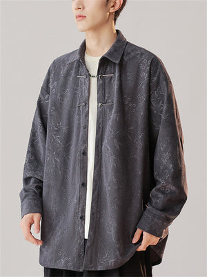 Casual  Comfy Plants Print Long Sleeve Stand Collar Shirts For  Men