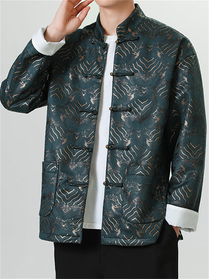 Men's Chinese Style Wave Pattern Print Stand Collar Button-Up TangSuit Jackets