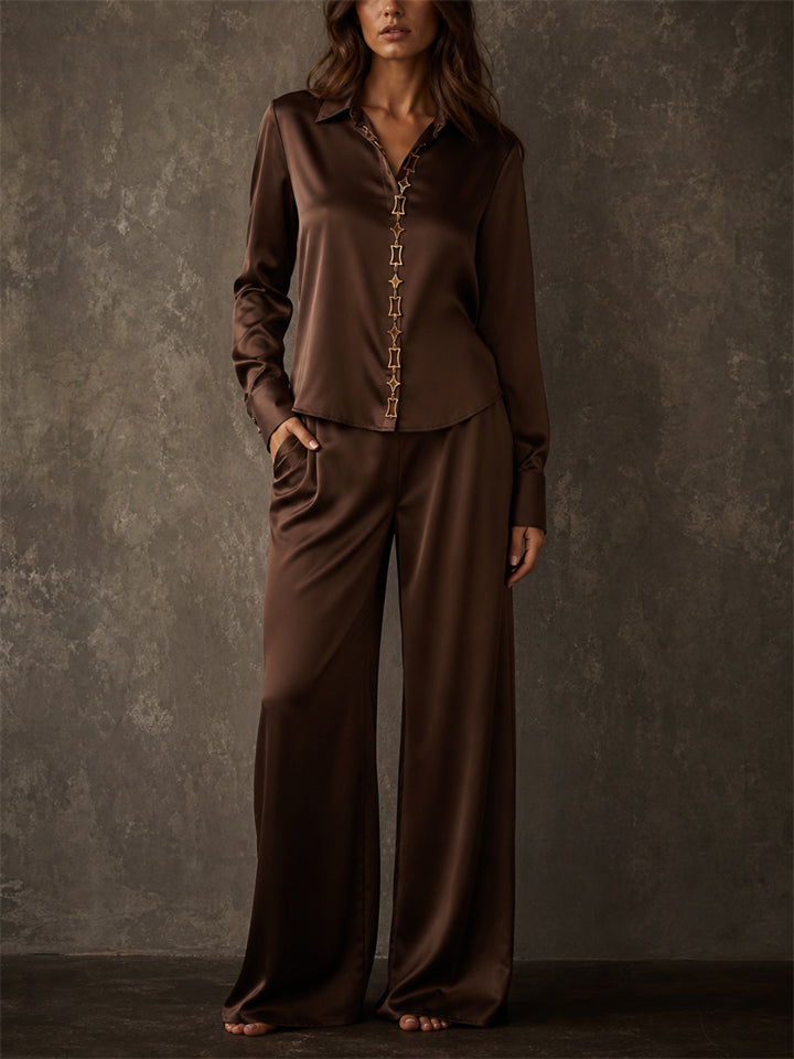 Women 2 Piece Chian Decor Brown Satin Shirt and Wide Leg Pants Set