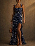 Womens Floral Smocked Ruffle High Slit Boho Summer Dress