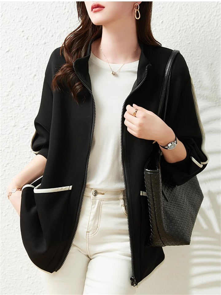 Women's Casual Stand Collar Contrast Trim Cardigan Jacket