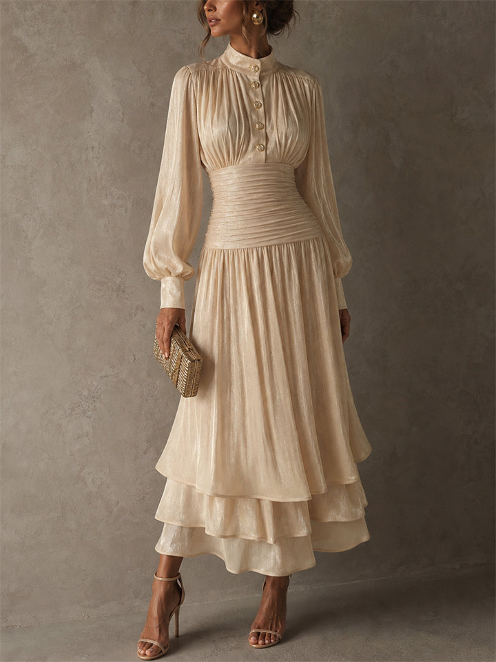 Women High Neck Long Sleeve Ruched Tiered Metallic Maxi Dress