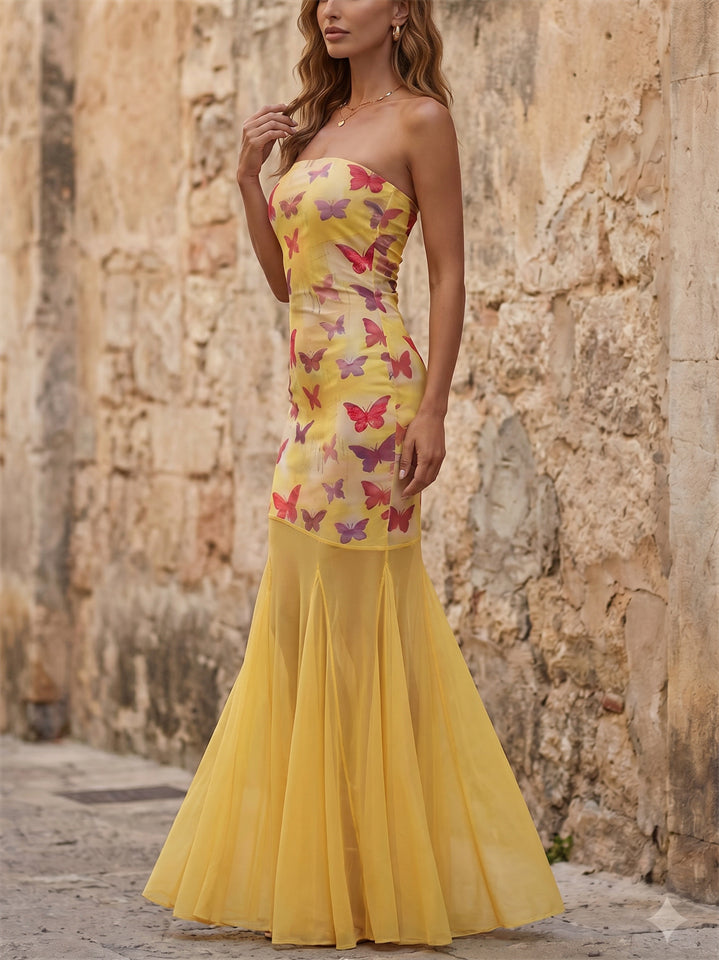 Women's Trendy Yellow Butterfly Strapless Mesh Mermaid Hem Maxi Dress