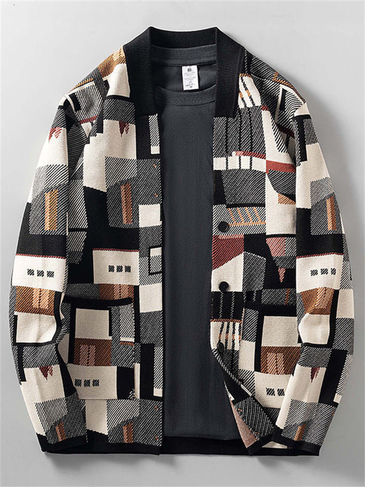 Plus Size Men's Geometric Painting Jacquard Cardigan Jacket