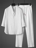Men's 2Pcs Cool Zen Style Stand Collar Half Sleeve Solid Color Outfits