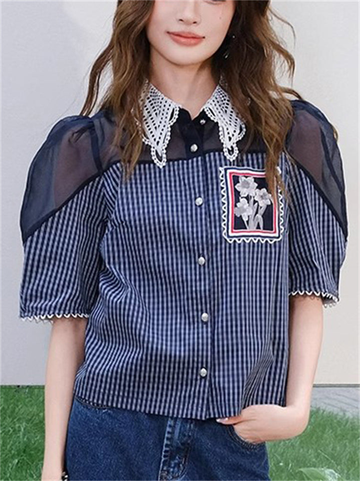 Women's French Style Blue Plaid Mesh Lace Patchwork Short Sleeve Shirts