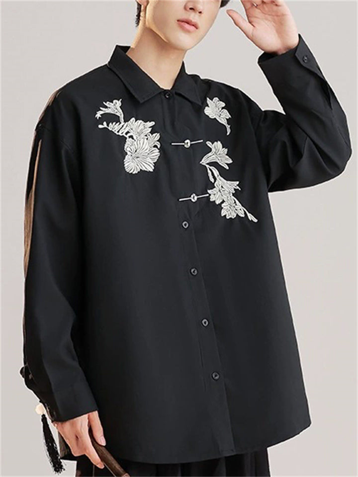 Oriental Style Men's Flower Embroidered Long Sleeve Lapel Shirts