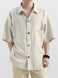 Men's Summer Casual Ramie Cotton Solid Color Pocket Lapel Shirts