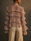 Women Ruffle Mock Neck Long Sleeve Chiffon Blouse
