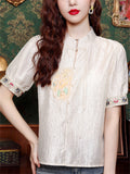 Chinese Style Elegant Embroidery Stand Collar Short Sleeve Shirt for Women