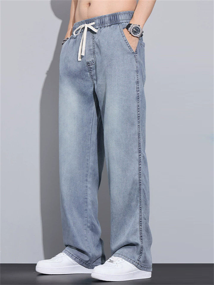 Men Wash Elastic Drawstring Waist Wide Leg Baggy Jeans