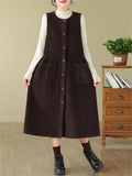 Women's Solid Color Round Neck Pockets Corduroy Vest Dress