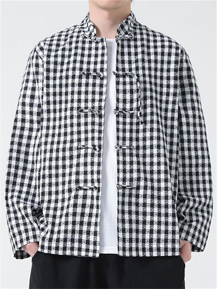Men's Chinese Style Stand Collar Long Sleeve Linen Plaid Shirt