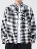 Men's Chinese Style Stand Collar Long Sleeve Linen Plaid Shirt