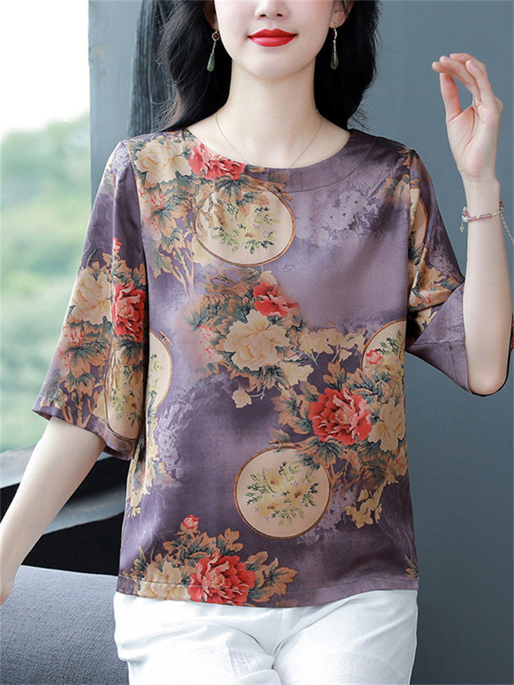 Female Elegant Summer Print O-Neck Half Sleeve Shirt