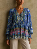 Womens Boho Floral V Neck Smocked Cuff Long Sleeve Blouse