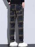 Men's Casual Plaid Elastic Waist Multi-Pocket Straight Fit Pants