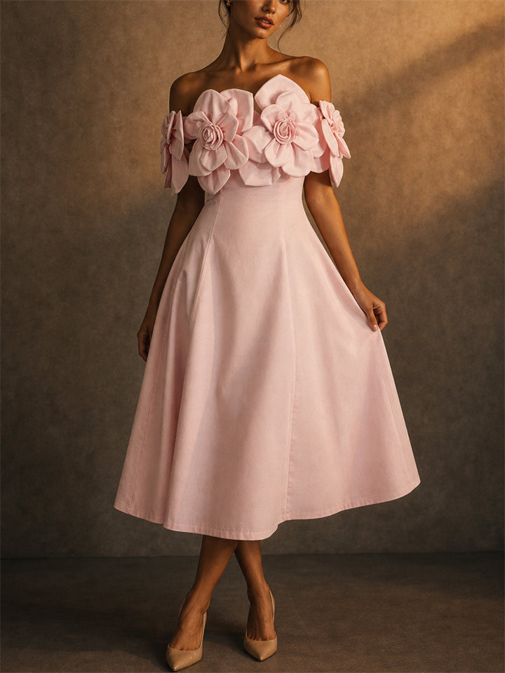 Women Trendy Off Shoulder 3D Floral Midi A Line Party Dress