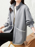 Women's Casual Stand Collar Contrast Trim Cardigan Jacket