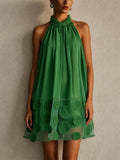 Womens Green Halter Neck Sheer Applique Cocktail Mini Dress