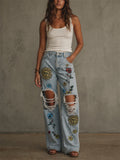 Women's Boho Sun Flower Graphic Printed Ripped Wide Leg Jeans