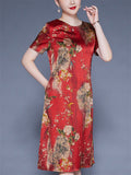 Flower Print O-neck Short Sleeve A-Line Dress for Women