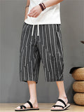 Men's Cotton Linen Stripe Drawstring Capri Pants