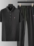 Men's 2Pcs Cool Texture Polo Collar Short Sleeve Solid Color Outfits
