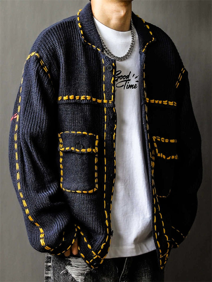 Men's Contrast Trim Button Up Lapel Long Sleeve Cardigan Sweater