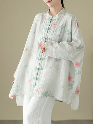 Lady Stand-up Collar Floral Printed Chinese Style Shirts