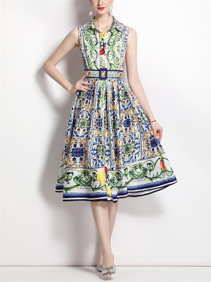 Women's Elegant Lapel Print Tie-waist Midi Dress