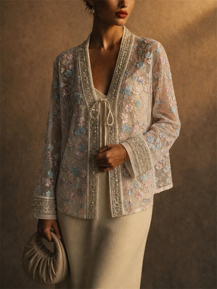 Women Floral Sequin Beads Trim Sheer Mesh Tie Front Cardigan Jacket