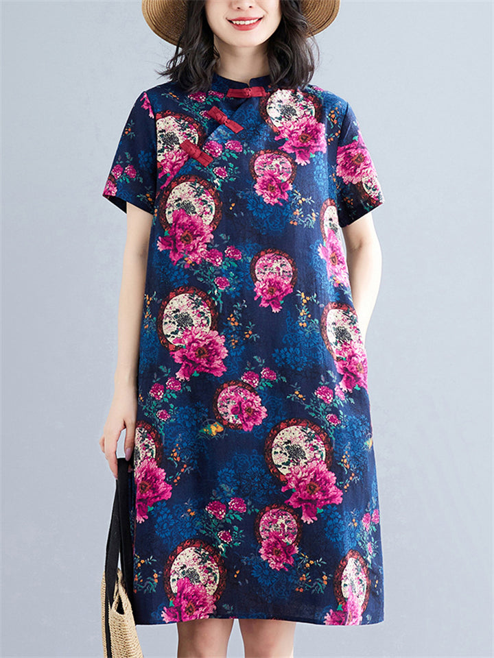 Women's Retro Flowers Print A-Line Loose Cheongsam Dress